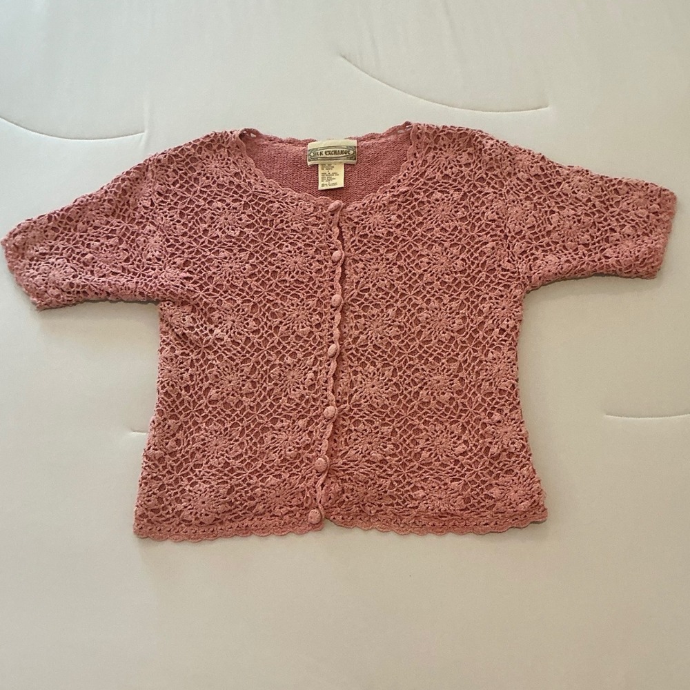 Silk Exchange Vintage Pink Crochet Silk Cotton Cardigan Short Sleeve Top Small